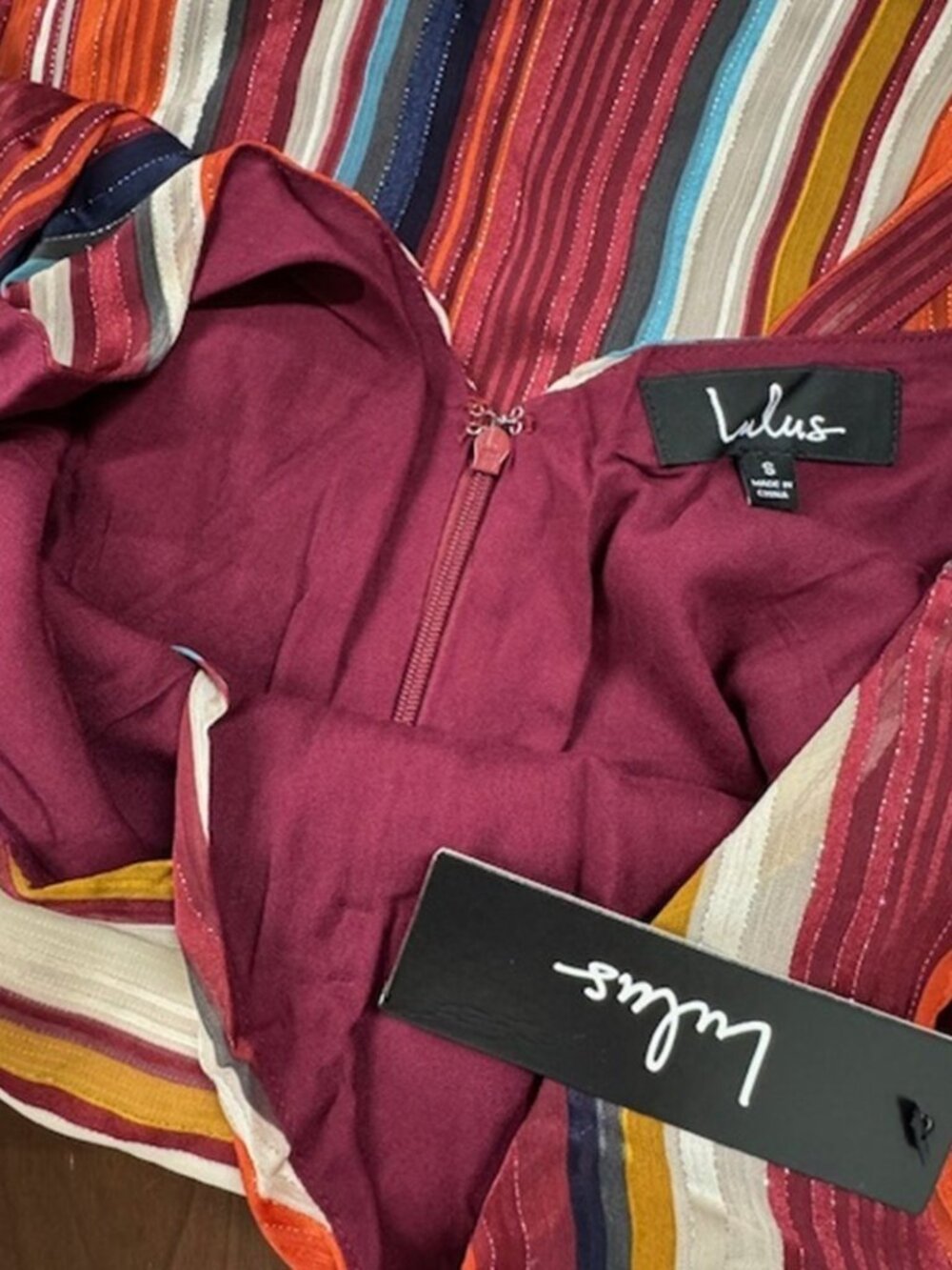 Lulus Make My Dreams Come True Burgundy Multi Striped Midi Dress NWT - Picture 6 of 8